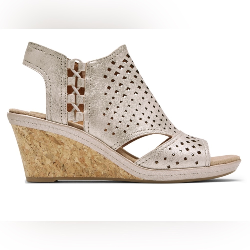 Cobb Hill Rockport Womens Metallic Gold Leather Wedge Sandals 9.5 Summer Chic‎